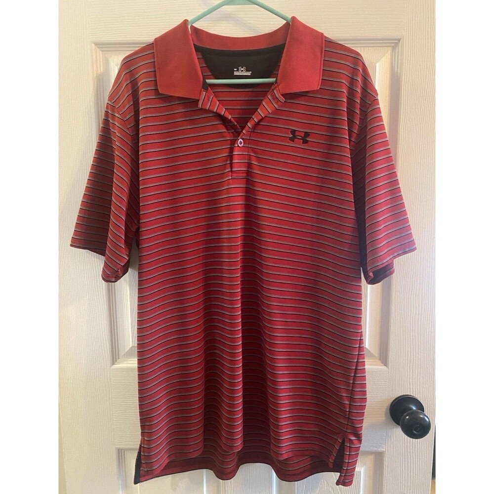 Under Armour Polo Men’s Large Red, Black & Gray Collard Golf Shirt EUC